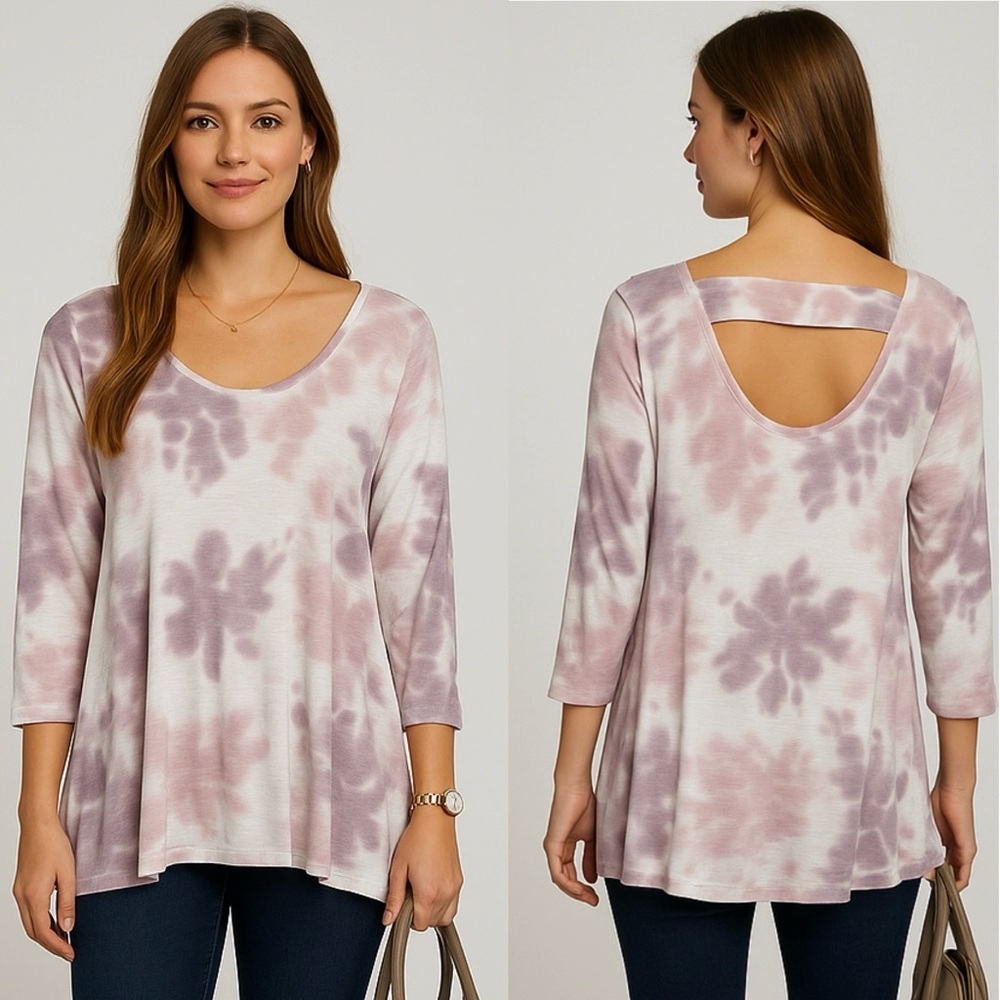 Soft Surroundings | Tie Dye 3/4 Sleeve Top Size Large Cut Out Back Scoop Neck